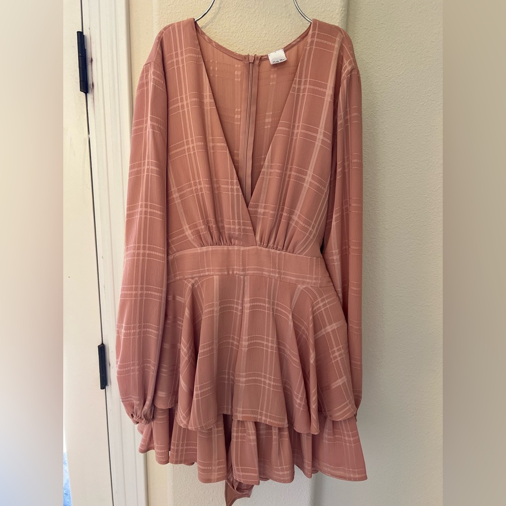 Mauve Pink Plaid Long Sleeve Romper Dress